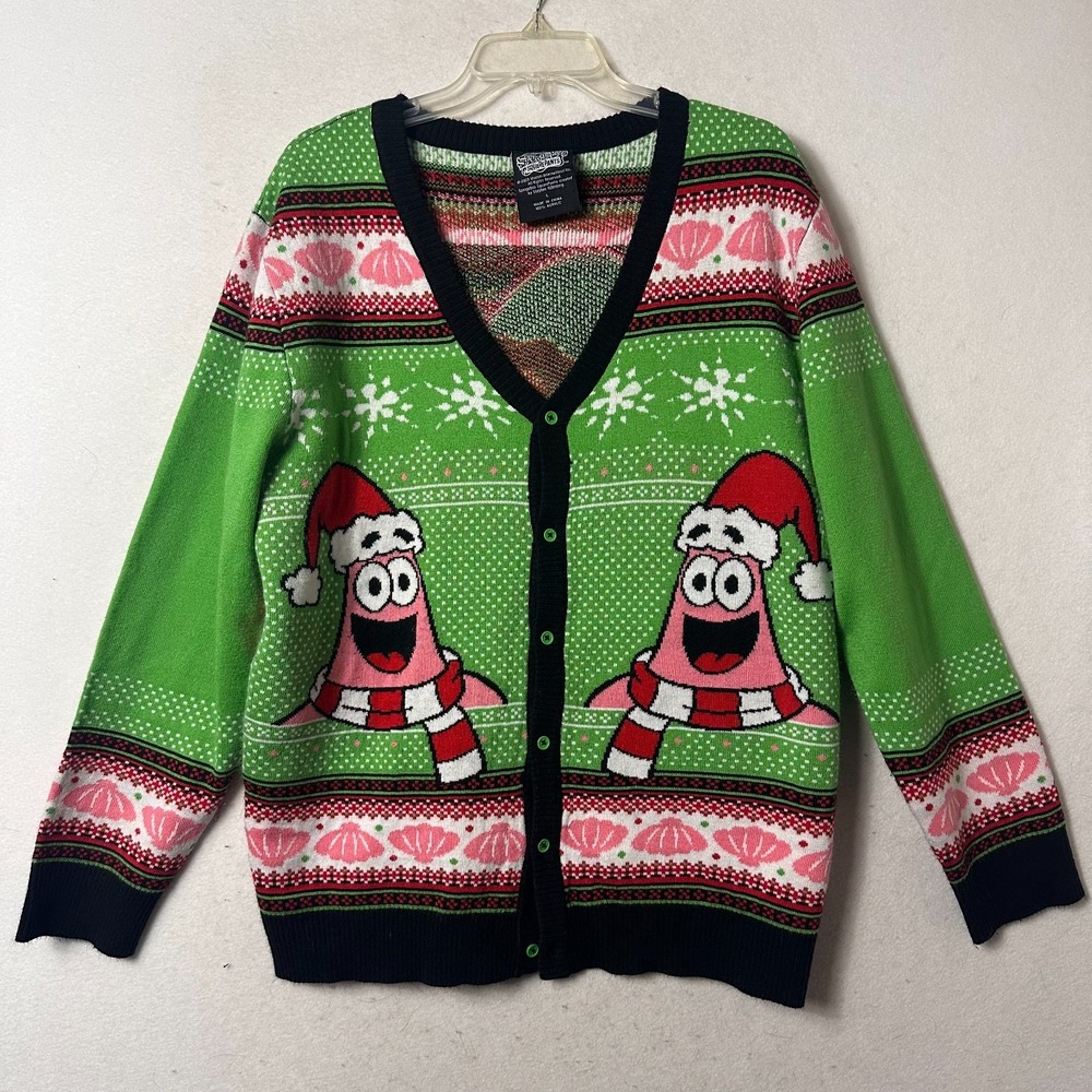SpongeBob Patrick Christmas Sweater Cardigan men sz L Nickelodeon Ugly party